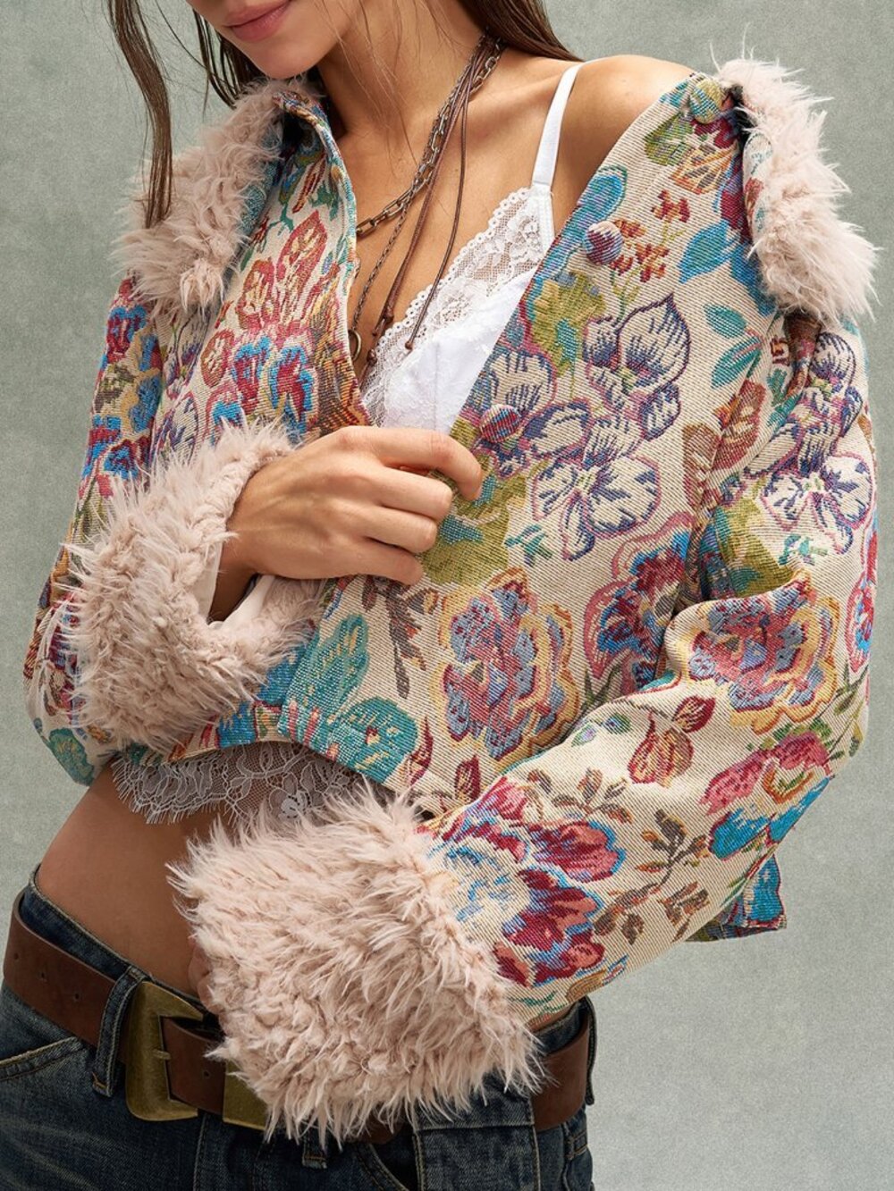 Multicolor Party Women's Floral Print Fuzzy Trim Crop Coat
